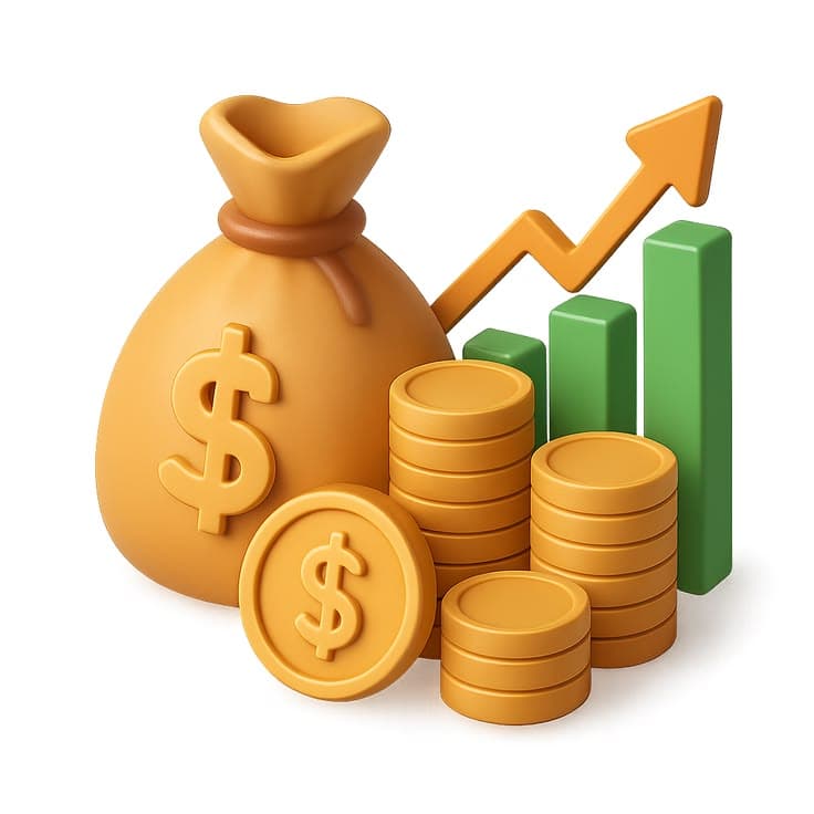 3D wealth icon with money bag and growth chart — instant cashouts